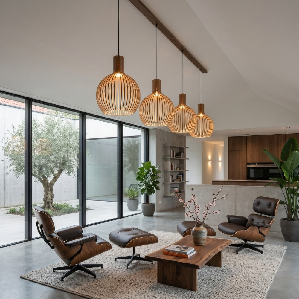 Modern living room with wooden furniture and pendant lights