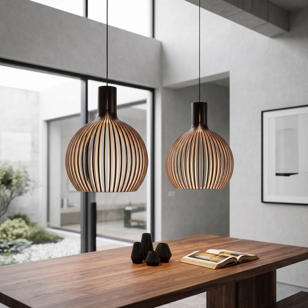 Two modern pendant lights hanging above a wooden table in a bright room with large windows.