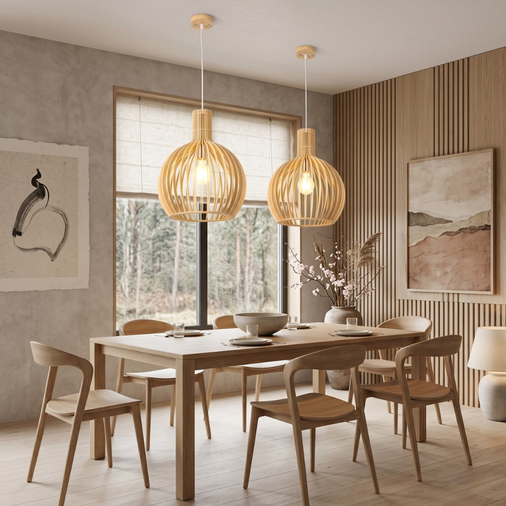 Dining room with wooden table and chairs, pendant lights, and large windows.