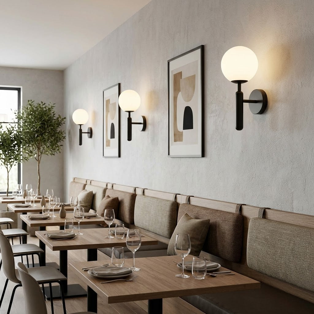 A modern dining room interior with wooden tables, upholstered booth seating, wall-mounted black sconces with white globe shades, framed abstract wall art, and a potted tree near a window.