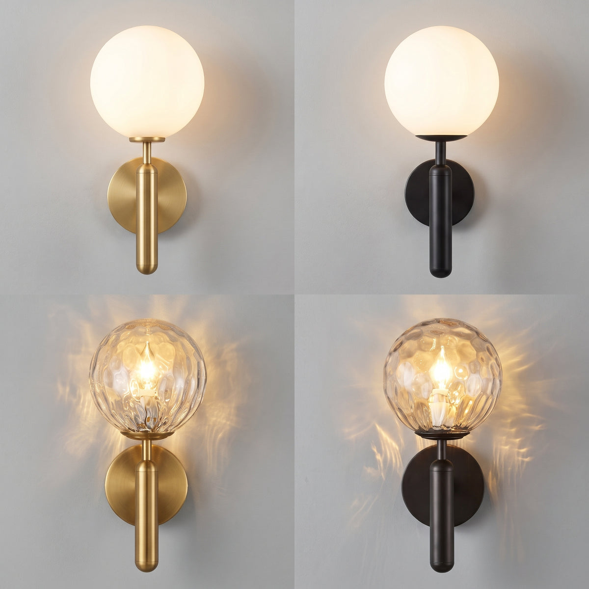 Four wall sconces shown in a 2x2 grid, each with a spherical globe shade and a cylindrical backplate. Two sconces have warm brass/gold finishes and two have black finishes.