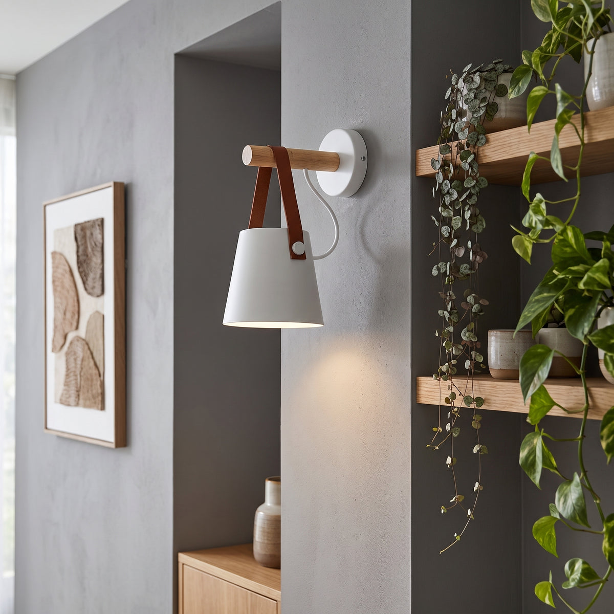 A modern wall-mounted sconce with a white conical shade, light wood arm, and brown leather strap, shown lit in a styled interior with gray walls, wooden shelves, and trailing green plants.