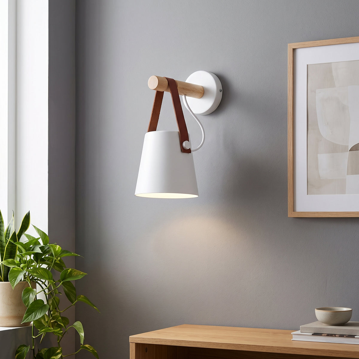 A modern wall-mounted sconce with a white cone shade, light wood rod, and dark brown leather straps, shown lit on a gray wall in a styled interior with a plant and framed art.