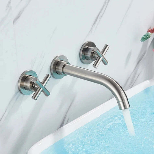 Brushed Nickel two-handle wall mounted bathroom faucet