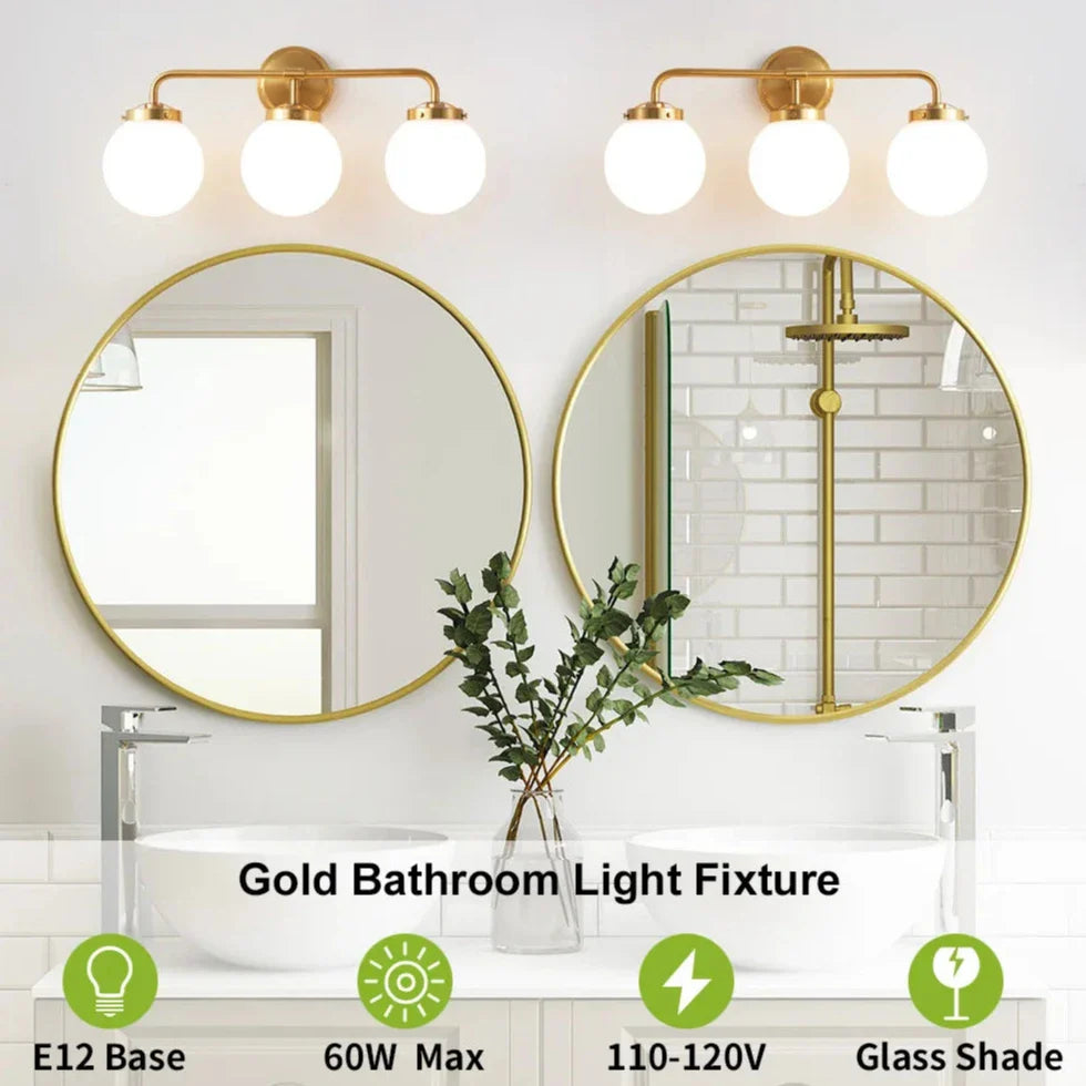 Gold Finish Glass Globe Bathroom Mirror Light Fixture