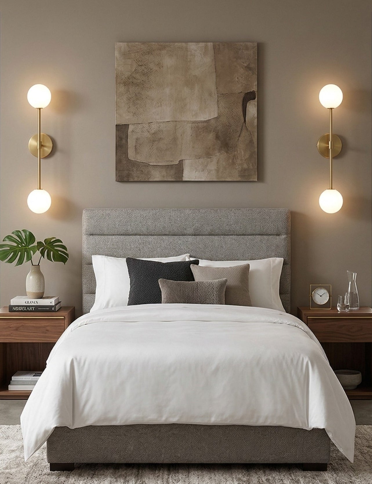 Modern bedroom with a bed, nightstands, and wall art.