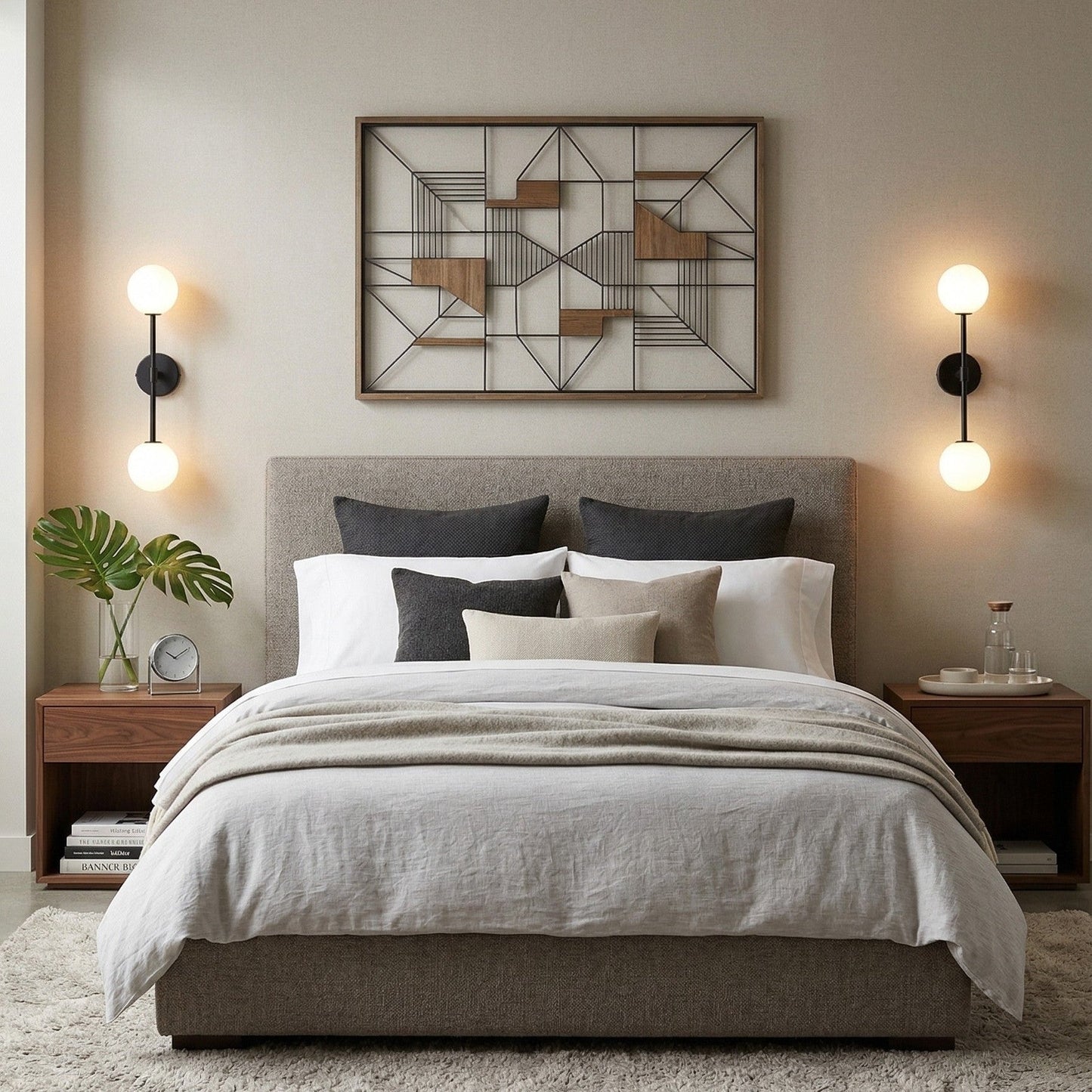 Modern bedroom with a bed, nightstands, and wall art.