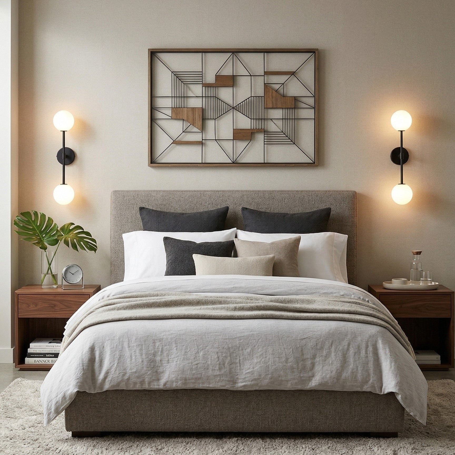 Modern bedroom with a bed, nightstands, and wall art.