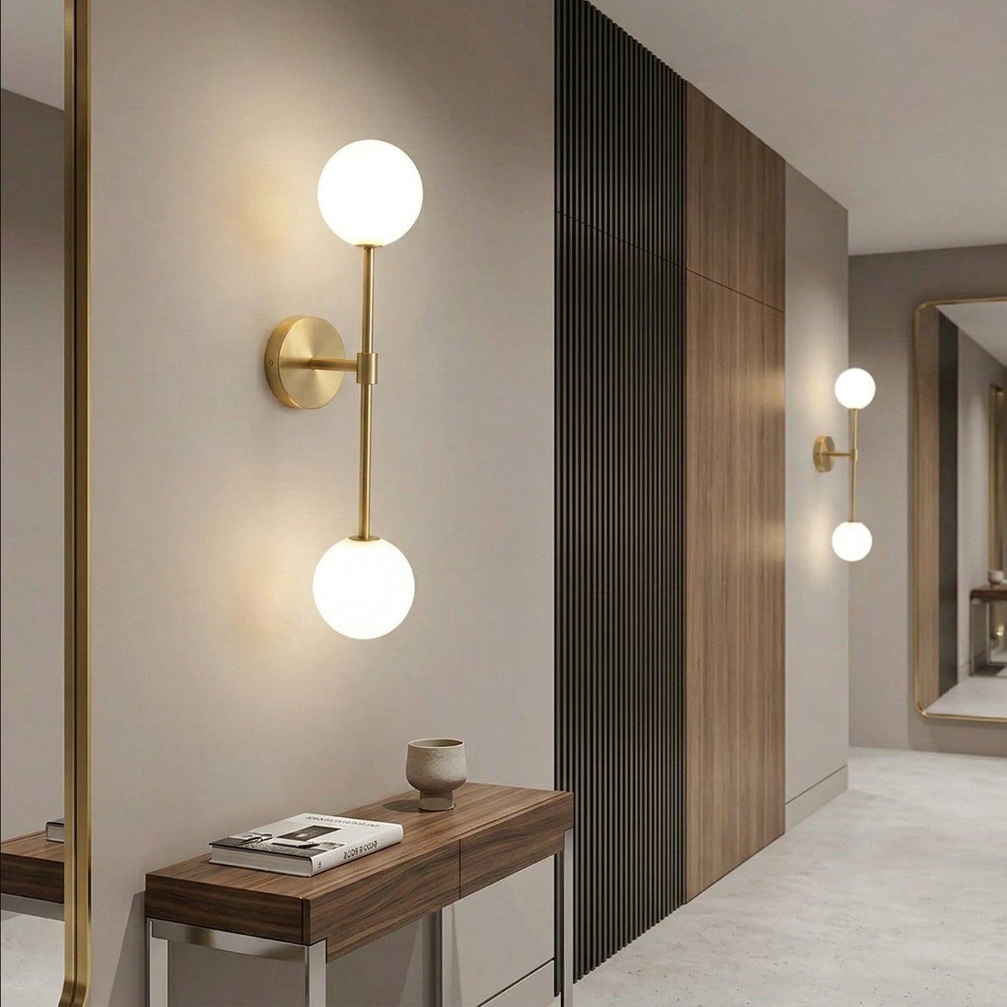 Modern wall sconces in a stylish interior setting with a desk and mirror.