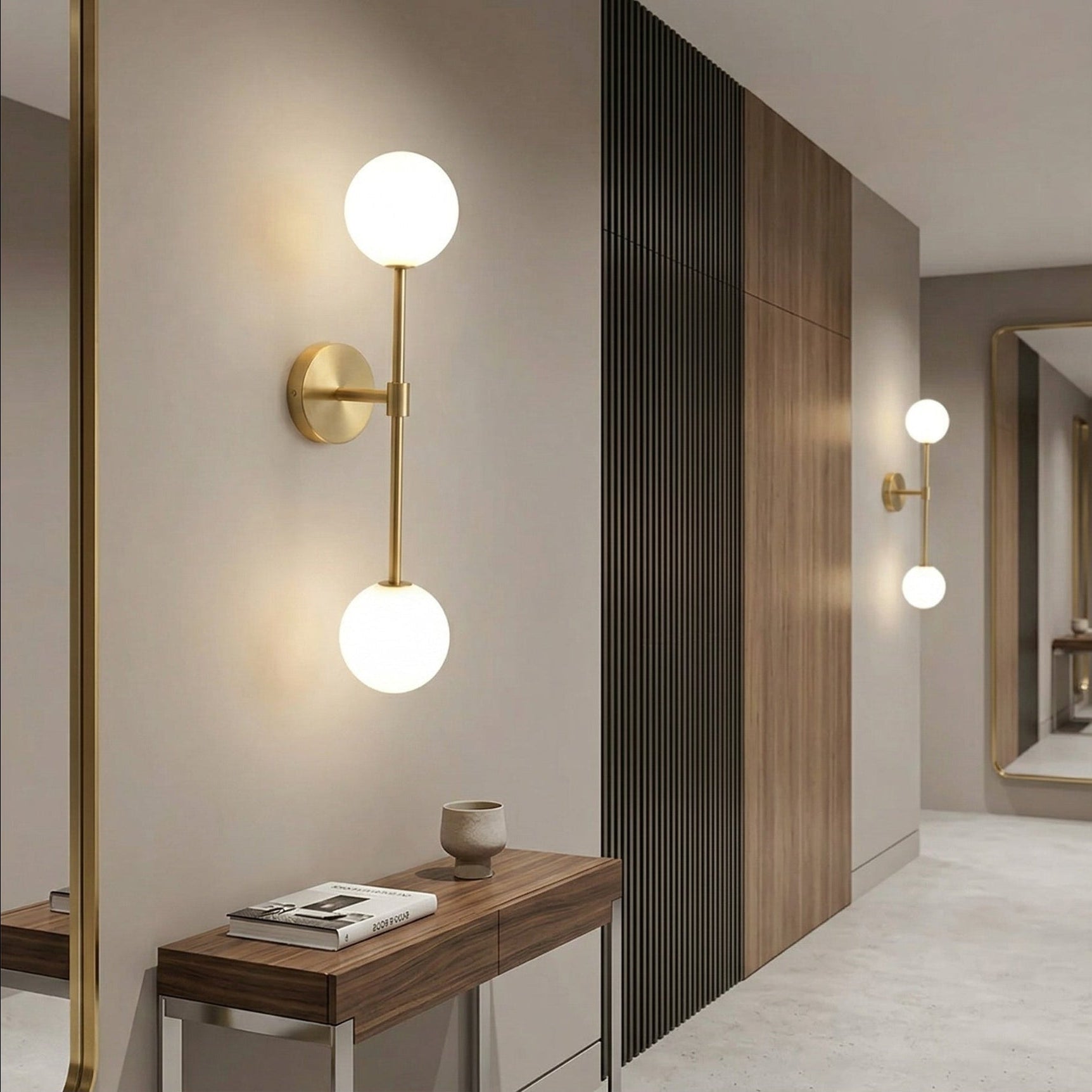 Modern wall sconces in a stylish interior setting with a desk and mirror.