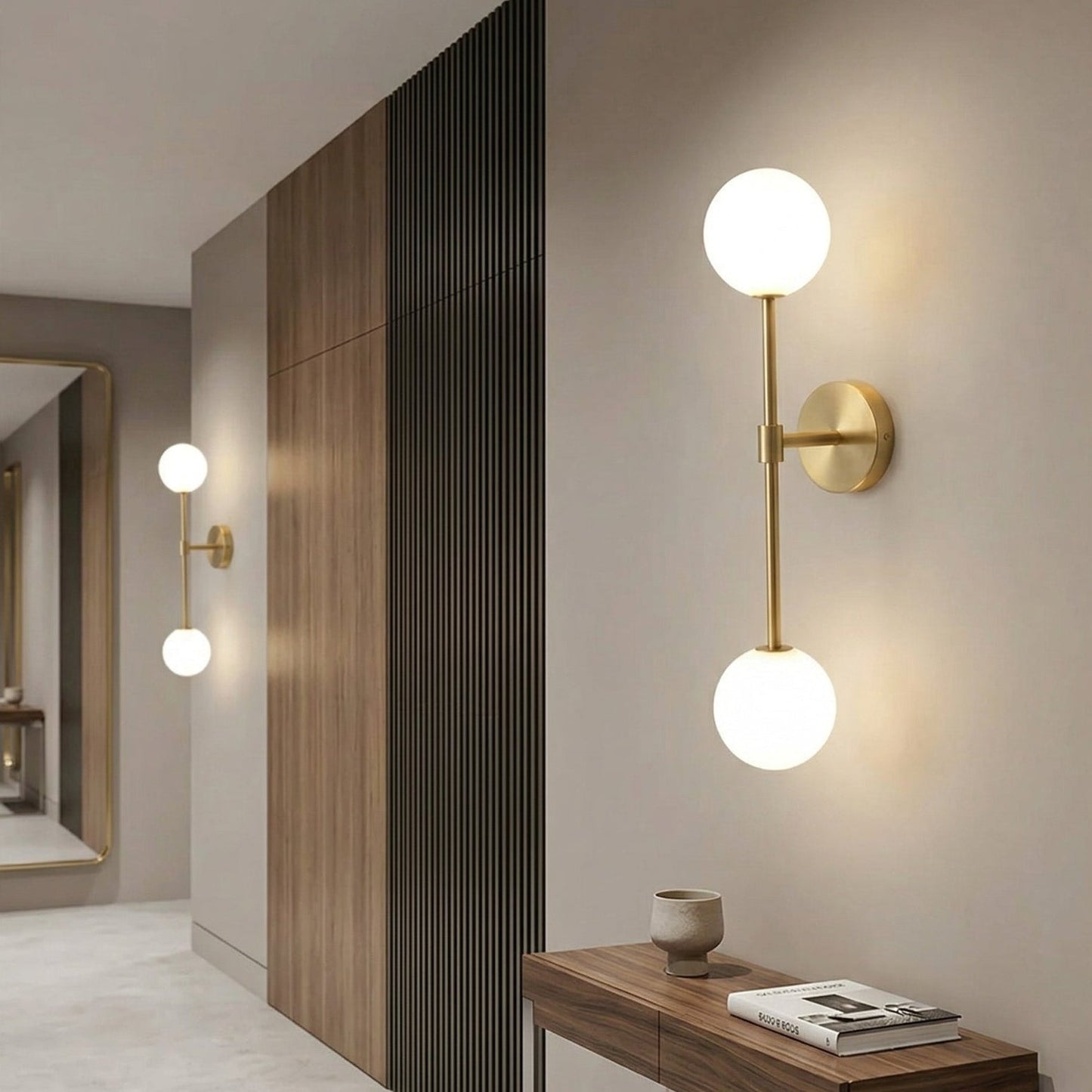 Modern wall lights in a stylish interior setting with a wooden console table.