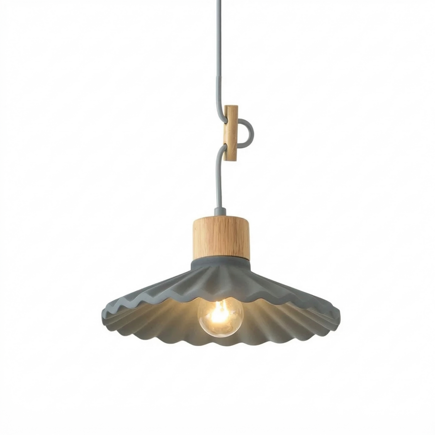 Pendant light with gray shade and wooden base on a white background