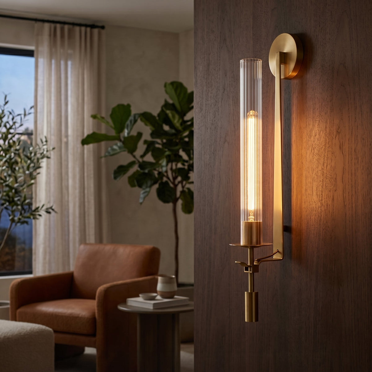 A modern wall-mounted sconce with a vertical clear glass cylinder shade and a warm glowing filament bulb, attached to a dark wood wall in a softly lit interior room with a chair and plant visible in the background.