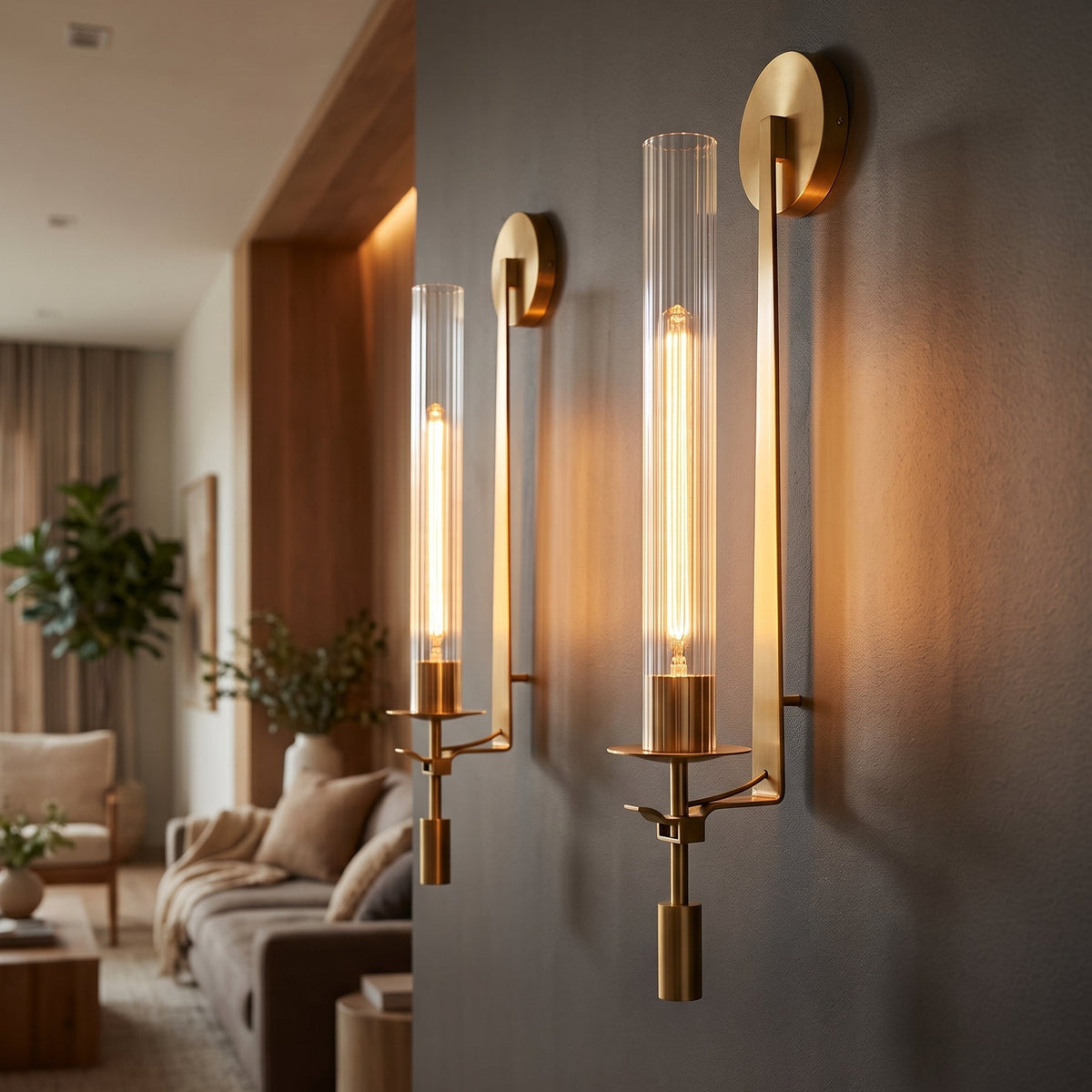 Three modern wall sconces with vertical clear glass cylinders and brushed gold metal bases mounted on a dark gray wall in a stylishly decorated living room.