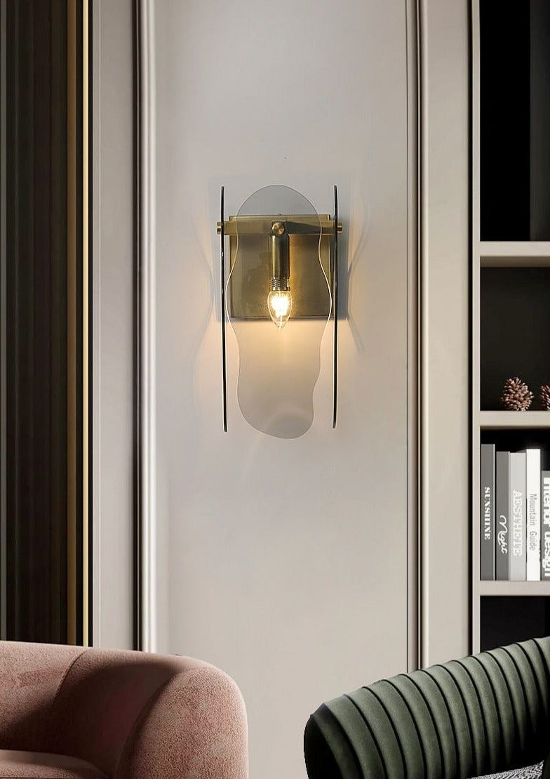 modern hallway glass and copper wall sconce