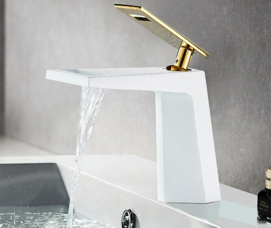 Matte white and polished gold handle modern bathroom faucet