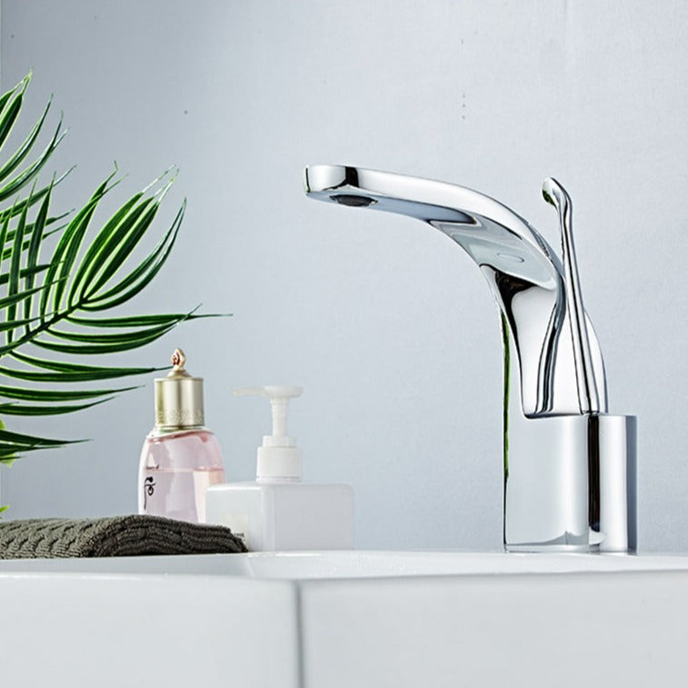 Chrome curved modern basin faucet for powder room