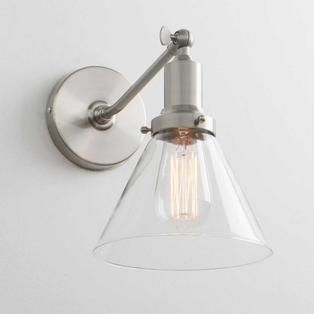 brushed nickel farmhouse retro design wall light with glass shade
