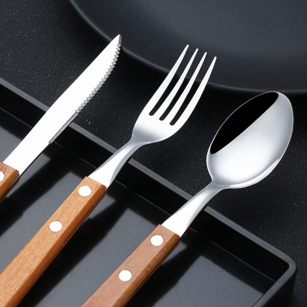 Rustic Wood Handle Stainless Steel Silverware Set