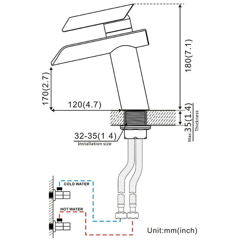 glass waterfall faucet dimensions