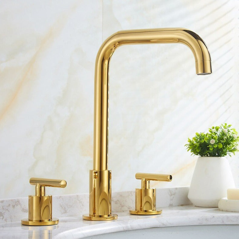 three hole modern gold finish powder room faucet