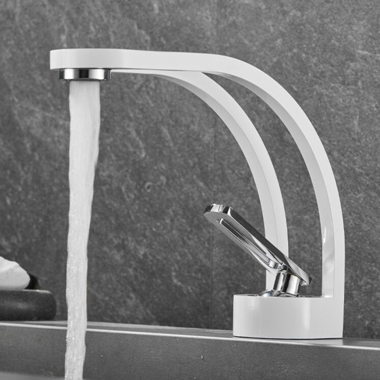 white and chrome modern two channel powder room and master bathroom faucet