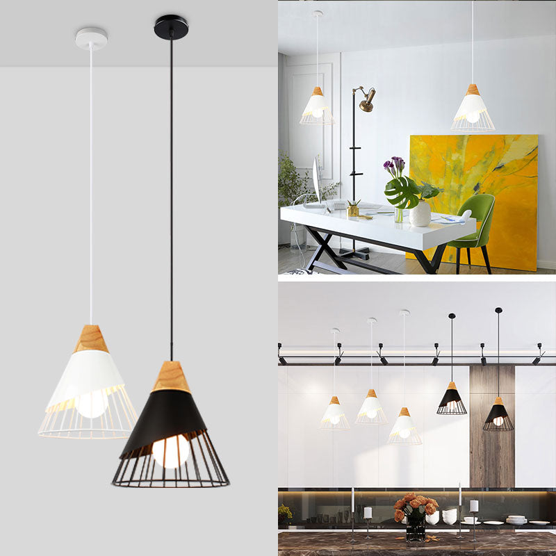 Modern Cage Shade Pendant Lighting in White and Black finish with Wood Accent