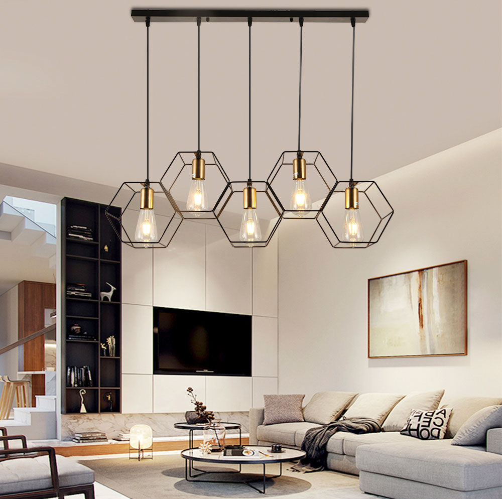 Black minimal geometric 5 bulb chandelier