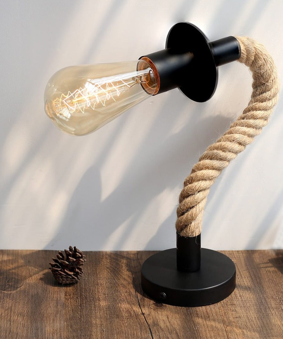 Twisted Jute and Black Metal Accent Table Lamp with Edison Bulb