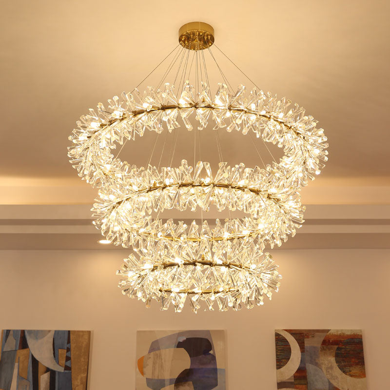 Modern Three Ring Glass Crystal Chandelier