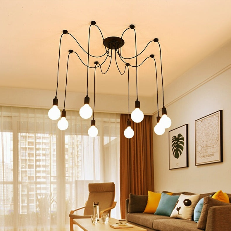 Spider Chandelier with black finish and eight frosted glass globes