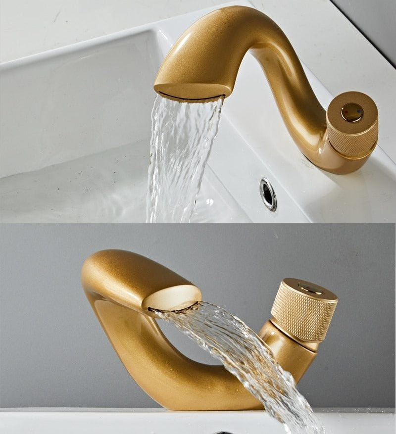 matte gold modern curved basin faucet for master bathrooms