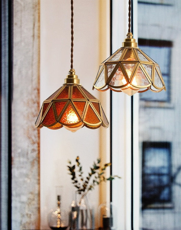 Classic Vintage Stained Glass Pendant Lights with Copper Frame