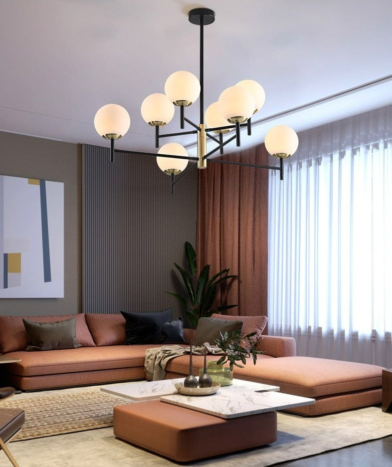 Brass and Frosted Glass Contemporary Modern Nordic Multi-Bulb Chandelier