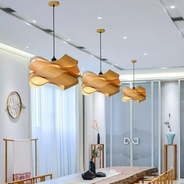 Contemporary Woven Shaved Wood Pendant Light