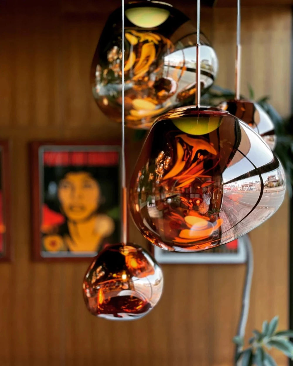 rose gold modern warped reflective pendant lights